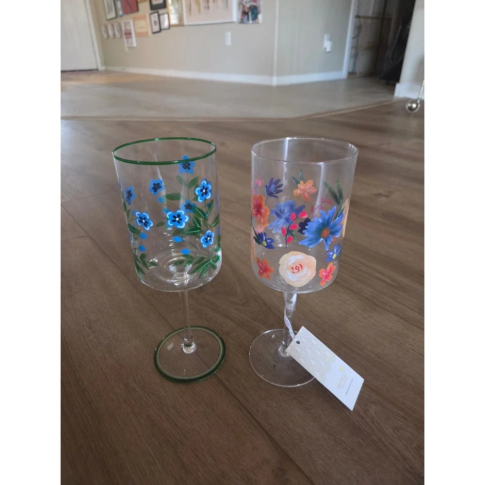 Papyrus Hand Painted Wine Glass Set 2 Floral Blue Orange Garden Artistic New